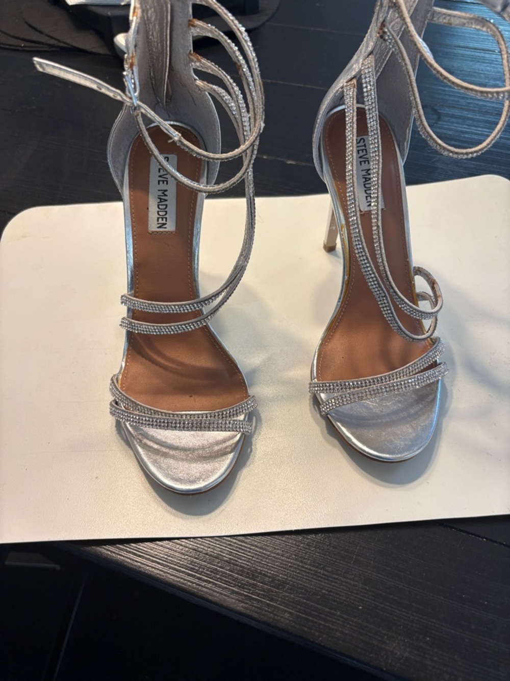 Steve Madden Silver Crystal-Strap Stiletto Sandals